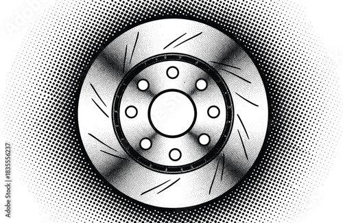 Automotive Performance Slotted and Drilled Brake Disc Rotor System Component CAD Drawing Flat Vector Illustration