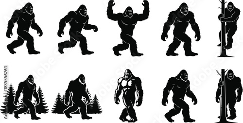 Bigfoot Sasquatch Monster Vector Silhouettes Set, Mythical Wild Hairy Creature Drawing, Ape Man Legend Collection, Cryptid Hominid Primate Illustration Design
