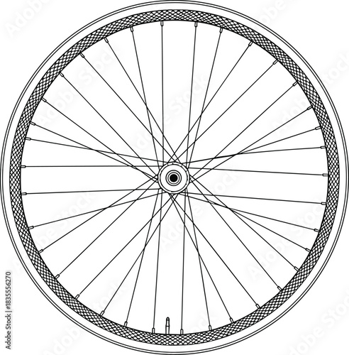 Bicycle Wheel Detailed Line Art Vector Drawing, Bike Tire and Spokes Illustration, Cycling Wheel Outline, Mechanical Equipment Component Blueprint Design