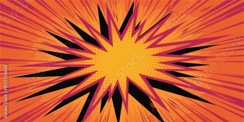 Abstract orange vector illustration with a bright sunburst of yellow and red flames, creating a warm glow and fiery energy