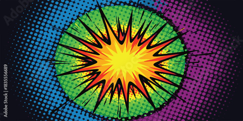 Abstract colorful background illustration with bright yellow and orange sunburst circles, an energy pattern explosion of light rays