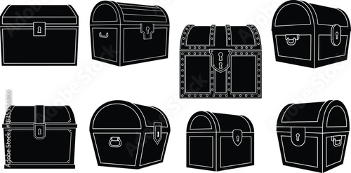 Black Treasure Chests Vector Silhouettes with White Outline Set, Pirate Caskets Drawing, Locked Strongbox and Gold Storage Collection, Vintage Game Asset Illustration Design