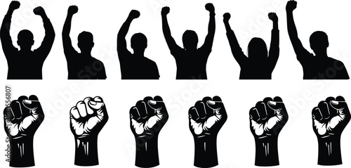 Black Silhouette Raised Hands and Fists Illustrate Power, Unity, Protest, Revolution, Freedom, Struggle, and Solidarity in Vector Graphic Style