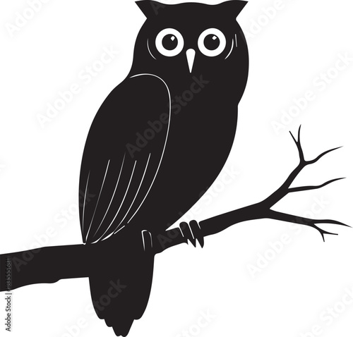 Owl sitting on branch silhouette black vector on white background