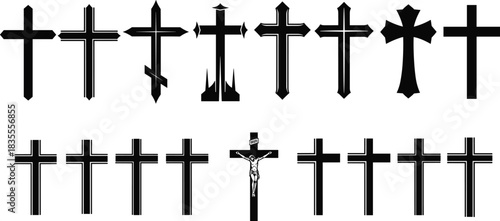 Christian Crosses and Crucifix Symbol Vector Set, Various Styles, Religious Icons, Decorative Grave Monuments, Silhouette Collection for Design, Faith, and Spirituality.