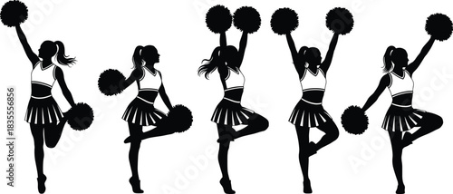 Cheerleader Silhouette Collection Set of Female Cheerleading Poses Pom-Poms Design Flat Vector Illustration Sport Team Print CAD Drawing Graphic.