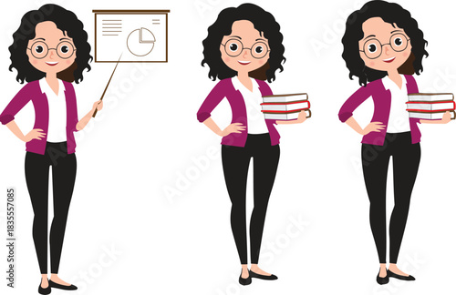 Flat Vector Illustration Set of Smiley Female Professor, Teacher, or Business Manager Character Poses: Presenting Data with Pointer Stick on Chart and Carrying Stack of Textbooks.