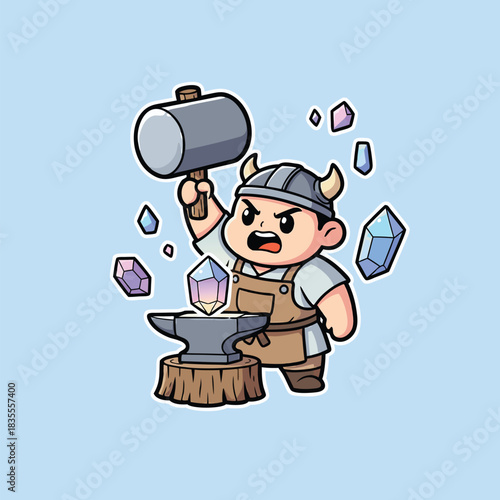 Cartoon Blacksmith Crafting Crystals with Hammer.