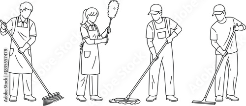 Cleaning and Janitorial Staff Line Art Vector Drawing Set, People with Broom Mop and Duster Illustration, Professional Worker Outlines, Housekeeping Service Element Design