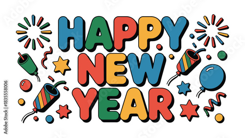 Festive New Year Greeting: A vibrant, eye-catching illustration spelling out Happy New Year, adorned with colorful fireworks and festive confetti, embodying the joy of celebration.