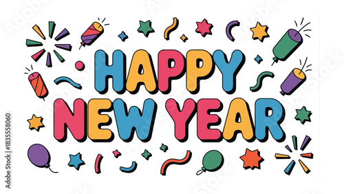 New Year's Festive Typography: A vibrant typographic composition spelling out Happy New Year, accented by a lively array of festive elements, symbolizing the beginning of a fresh calendar year.