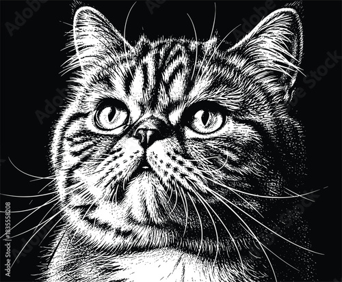 Detailed Cat Head Engraving Vector Illustration, Domestic Feline Portrait Drawing, Black and White Realistic Pet Art, Cute Kitten Face Vintage Design Element