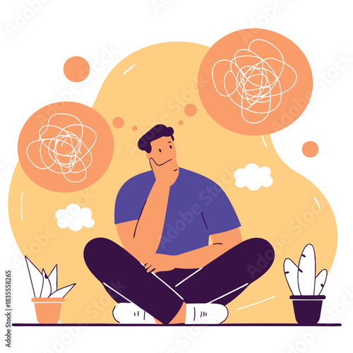Person Thinking Flat Vector Illustration. Contemplating Pondering Over Problem Trouble Frustration. Mental Confusion Design