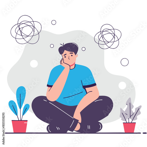 Thoughtful Confusion Illustration: Pensive Man Amidst Abstract Thought Bubbles, Mental Health Exploration, Creative Vector Graphic