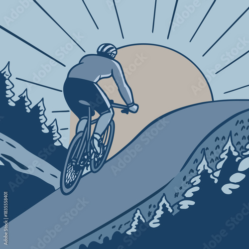 Cyclist ascends hill towards sunrise in stylized landscape
