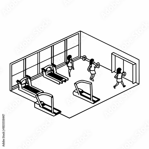 Isometric gym scene with women exercising on treadmills and lifting weights