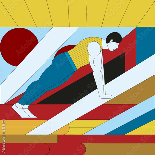 Man performing pushups with abstract geometric background