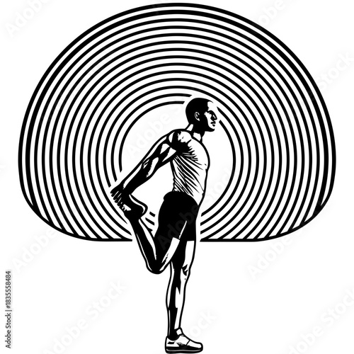 Man stretching quadriceps in front of concentric circles
