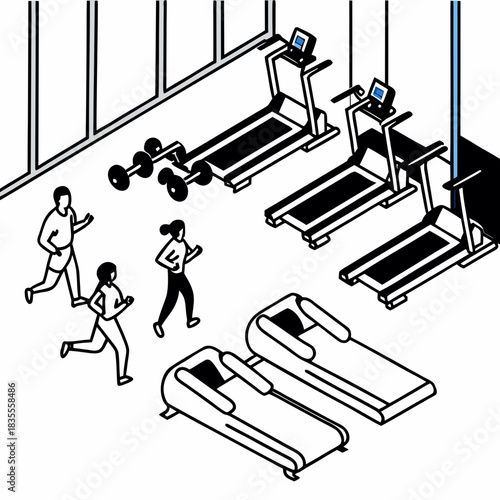 People exercising on treadmills and with dumbbells in a gym