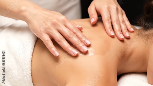 Close up of a therapist's hands massaging an oil-covered shoulder and upper back with a white towel wrapped around the body in soft spa lighting.