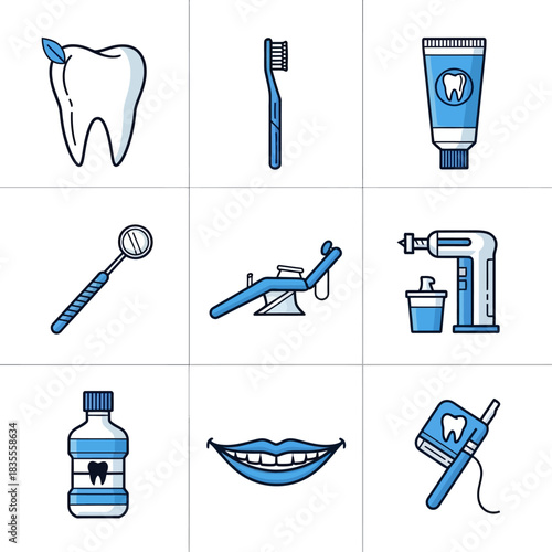 Dental Care and Oral Hygiene Icons Set of Tooth Brush Paste Mirror Chair Drill Mouthwash Smile