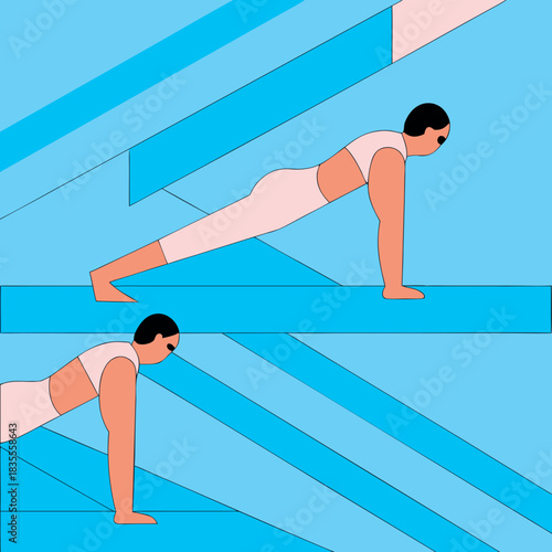 Two figures performing push up exercise on blue background