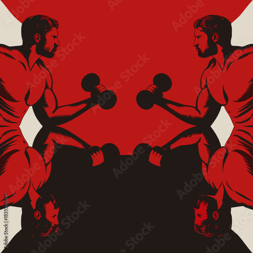 Symmetrical muscular men lifting dumbbells in red and black