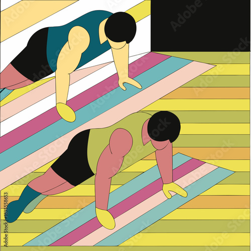 Two people doing pushups on colorful striped mats