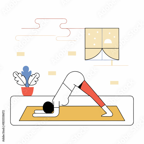 Woman in downward facing dog pose on yoga mat