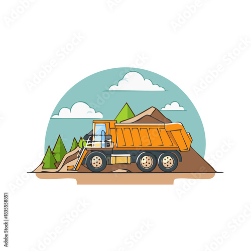 Orange dump truck carrying soil and gravel with a loader arm in a mountainous landscape