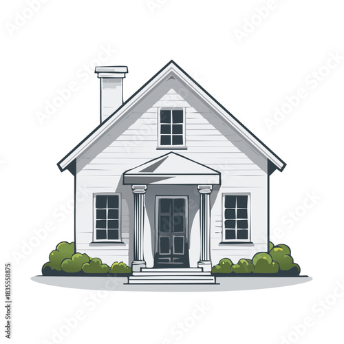 Illustration of a simple house with a portico, columns, green bushes, front door, and window, reflecting a classic residential style.