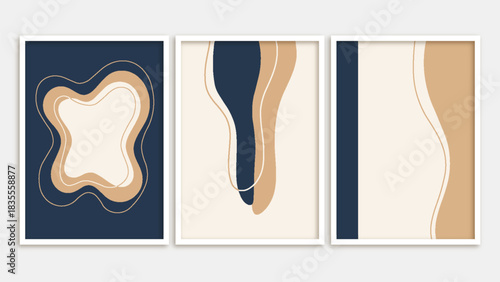 Abstract organic shapes with beige and navy blue waves set in minimalist modern art prints for home decoration
