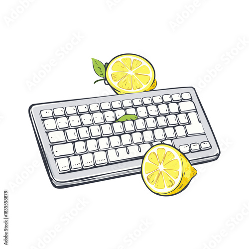Computer Keyboard with Lemon Slices, Digital Art Depicting Freshness and Modern Technology