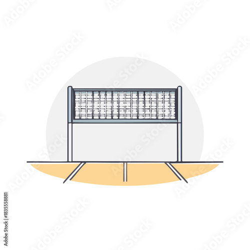 Illustration of a volleyball net on sand, sports equipment, outdoor recreational activity, beach games and summer vacations