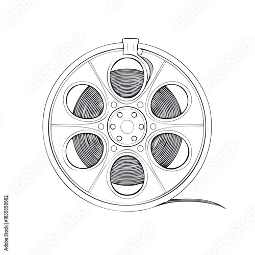Illustrated film reel with detailed design and cinematic theme in grayscale.