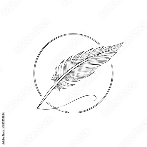 Vintage feather quill pen illustration with artistic circular design for literary and academic concepts