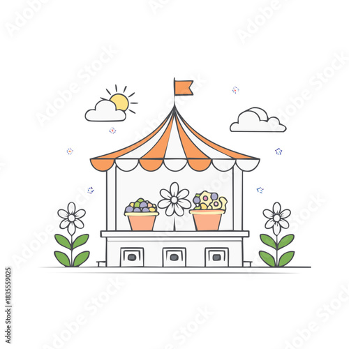 Doodle style illustration of a colorful flower stand or shop with striped awning under a sunny sky with clouds