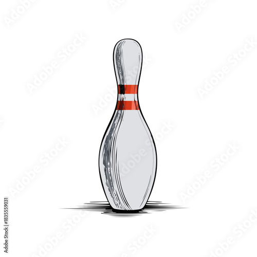 Hand drawn single white bowling pin with red stripes vector illustration
