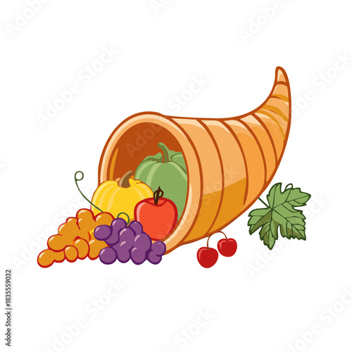Cornucopia filled with autumn harvest fruits and vegetables in a bounty overflowing illustration