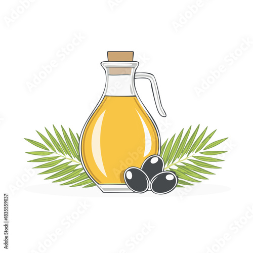 Olive Oil in a Glass Bottle with Olives and Palm Leaves Illustration