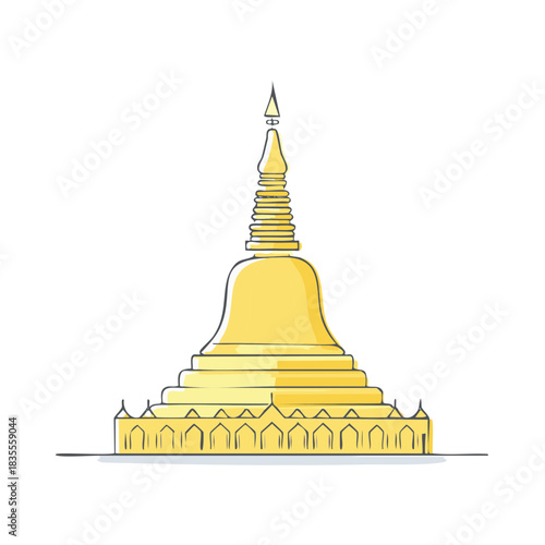 Hand Drawn Golden Pagoda Illustration of a Buddhist Stupa Temple. Asian Travel Landmark Icon.