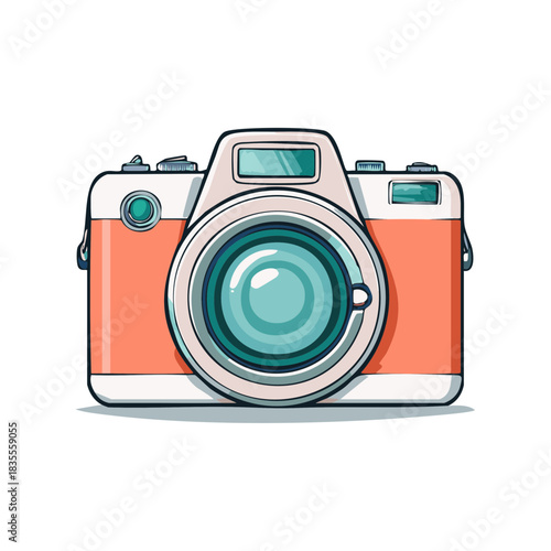 Playful Retro Photo Camera Illustration with Teal Lens and Peach Body