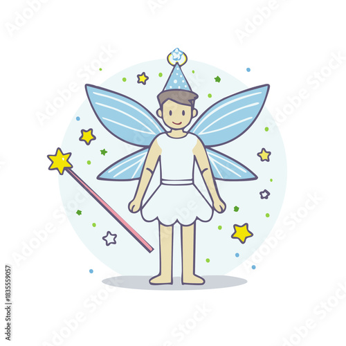 Adorable cartoon character in a fairy costume with blue wings, a pointy hat, and a star magic wand