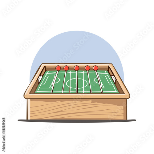Illustration of a wooden foosball table with red player figures and a soccer field