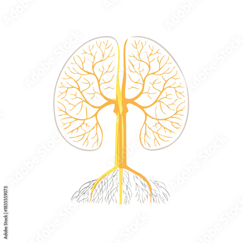 Abstract depiction of neural network system branches resembling tree roots and foliage