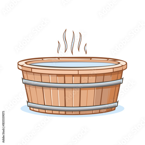 Warm wooden soaking tub with rising steam for relaxation and wellness