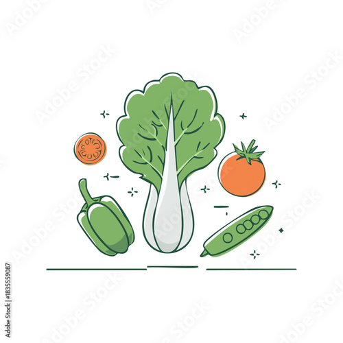 Colorful vegetable mix flat illustration fresh organic bell pepper bok choy tomato carrot peas nutrition healthy eating concept