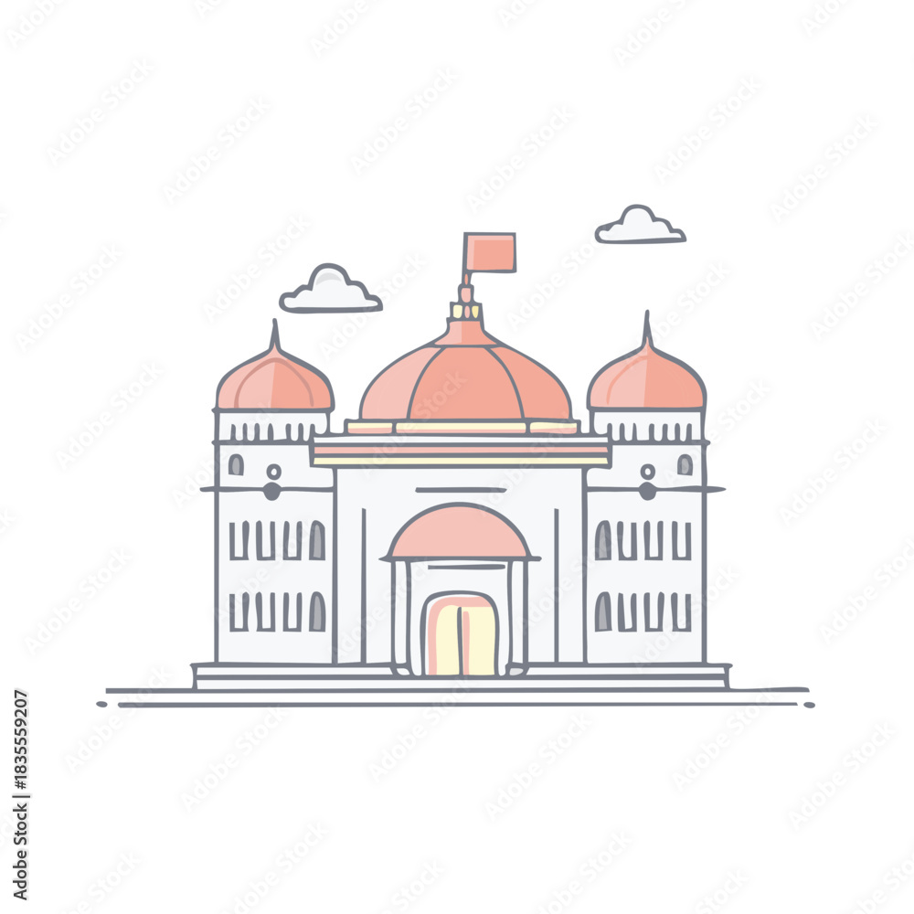 Obraz premium Elegant Domed Architectural Structure with Flag and Clouds against a White Backdrop in a Minimalist Cartoon Style