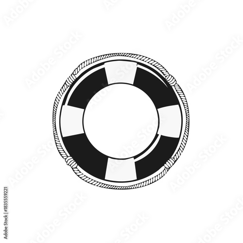 Black and white lifebuoy illustration with rope detail