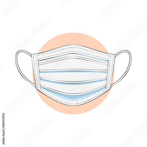 Hand drawn surgical face mask with ear loops and blue stripes against a pastel circle
